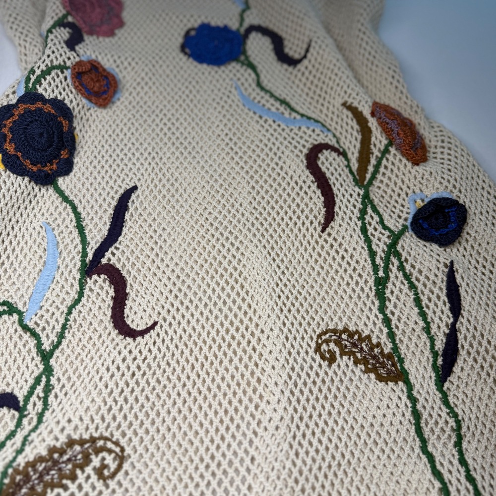 Zara Women Beige Knit Mini Dress 3D Crochet Floral Applique Size L Boho NWOT - Picture 4 of 10
